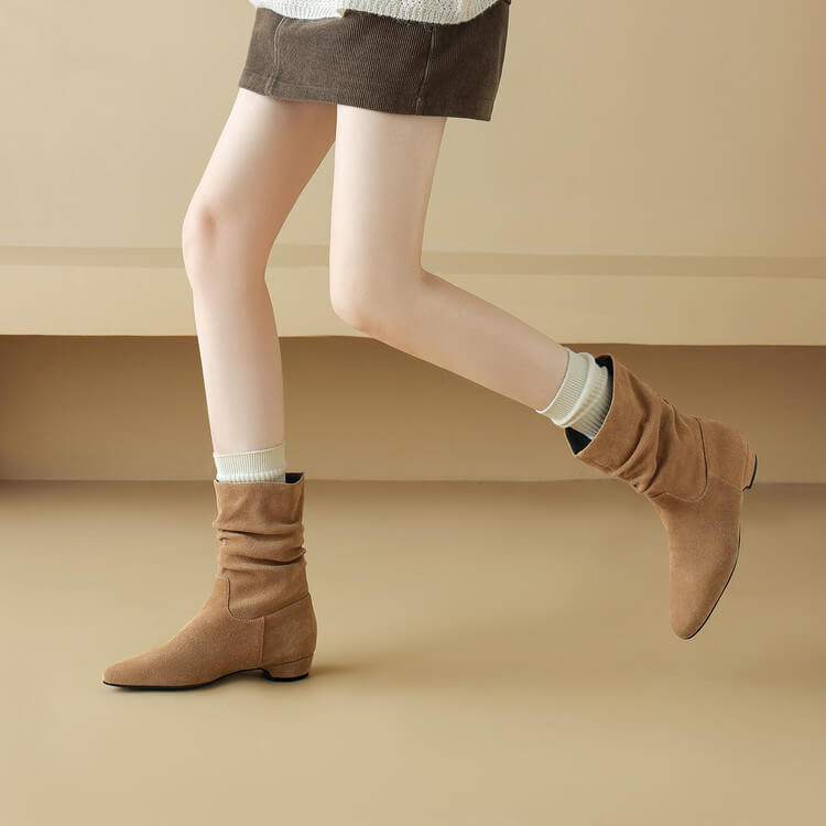 Women's Suede Slouch Mid-Calf Boots – Pointed Toe Comfortable Fall Winter Ankle Boots Y2748 Boots Y2748