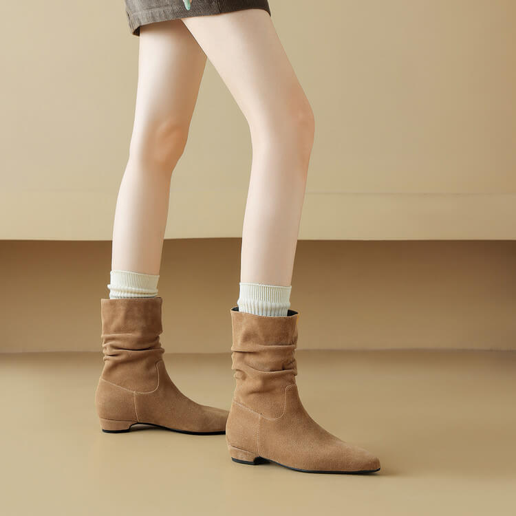 Women's Suede Slouch Mid-Calf Boots – Pointed Toe Comfortable Fall Winter Ankle Boots Y2748 Boots Y2748