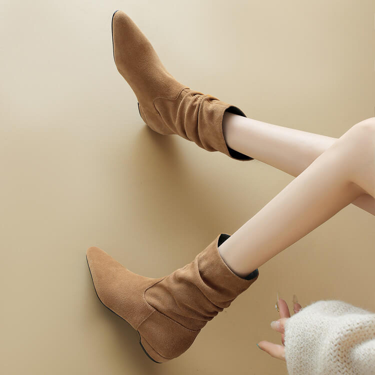 Women's Suede Slouch Mid-Calf Boots – Pointed Toe Comfortable Fall Winter Ankle Boots Y2748 Boots Y2748