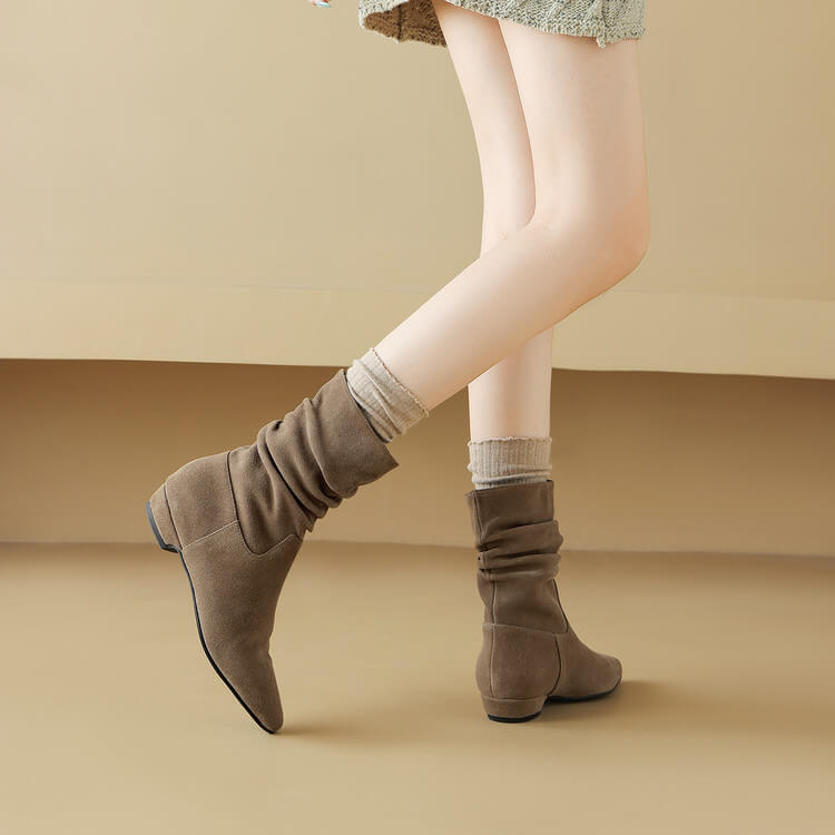 Women's Suede Slouch Mid-Calf Boots – Pointed Toe Comfortable Fall Winter Ankle Boots Y2748 Boots Y2748