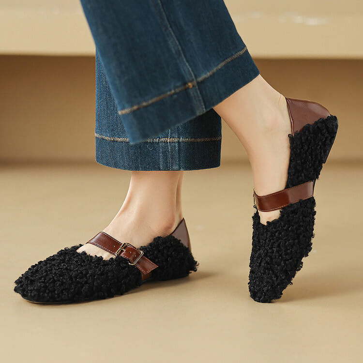 Handmade Wool Blend Mary Jane Flats – Warm Fleece-Lined Winter Shoes Y2754 Flats Y2754