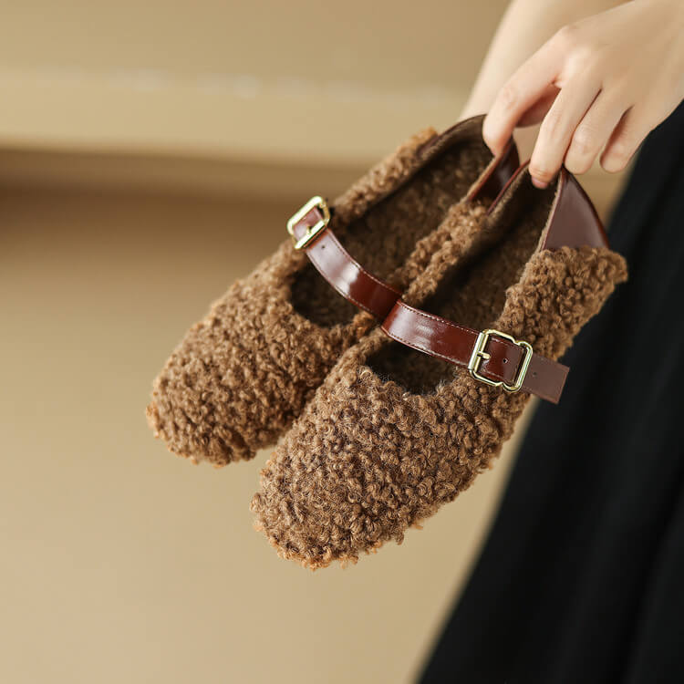Handmade Wool Blend Mary Jane Flats – Warm Fleece-Lined Winter Shoes Y2754 Flats Y2754