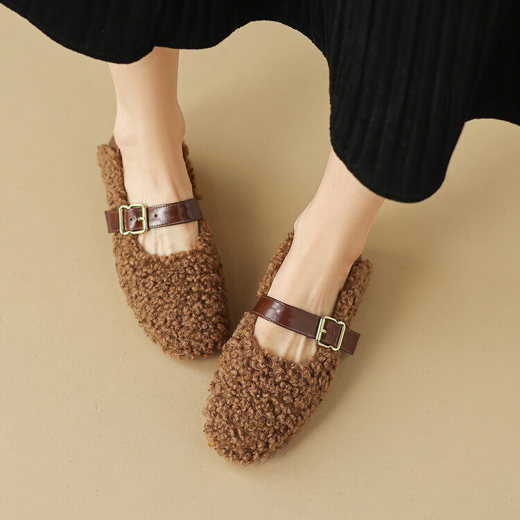 Handmade Wool Blend Mary Jane Flats – Warm Fleece-Lined Winter Shoes Y2754 Flats Y2754
