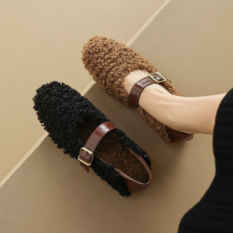 Handmade Wool Blend Mary Jane Flats – Warm Fleece-Lined Winter Shoes Y2754 Flats Y2754