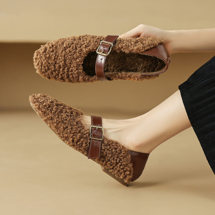 Handmade Wool Blend Mary Jane Flats – Warm Fleece-Lined Winter Shoes Y2754 Flats Y2754