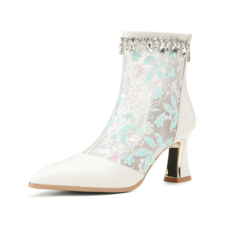 Pointed-Toe Chunky Heel Ankle Boots with Mesh Panel Y2909