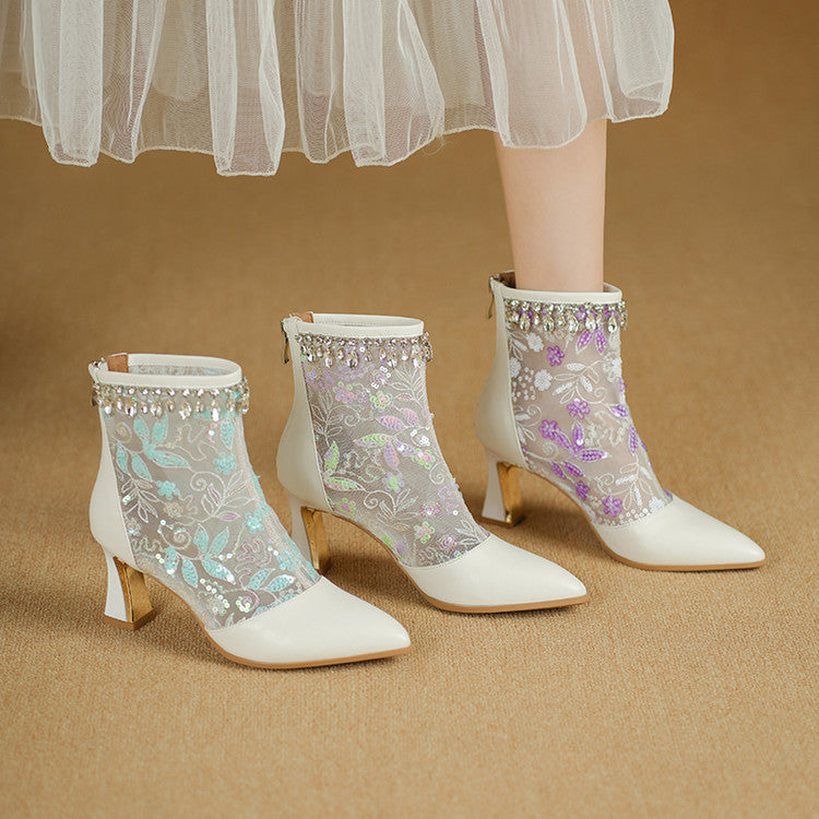 Pointed-Toe Chunky Heel Ankle Boots with Mesh Panel Y2909