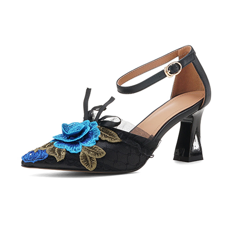Floral-Embellished Pointed-Toe Ankle-Strap Kitten Heel Pumps Y2903