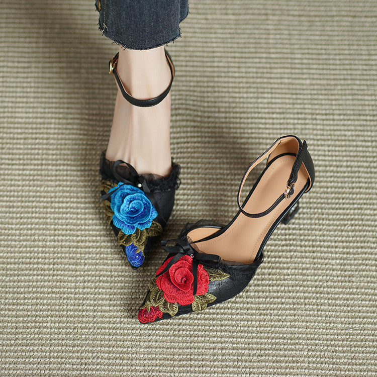 Floral-Embellished Pointed-Toe Ankle-Strap Kitten Heel Pumps Y2903