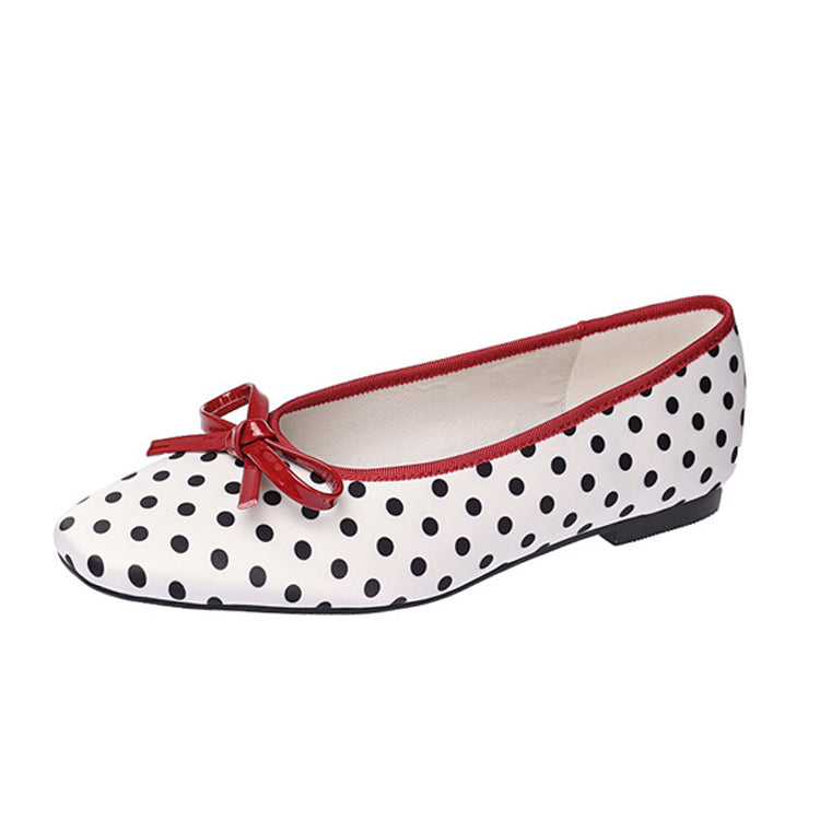 Polka Dot Satin Ballet Flats with Bow Detail Y2871