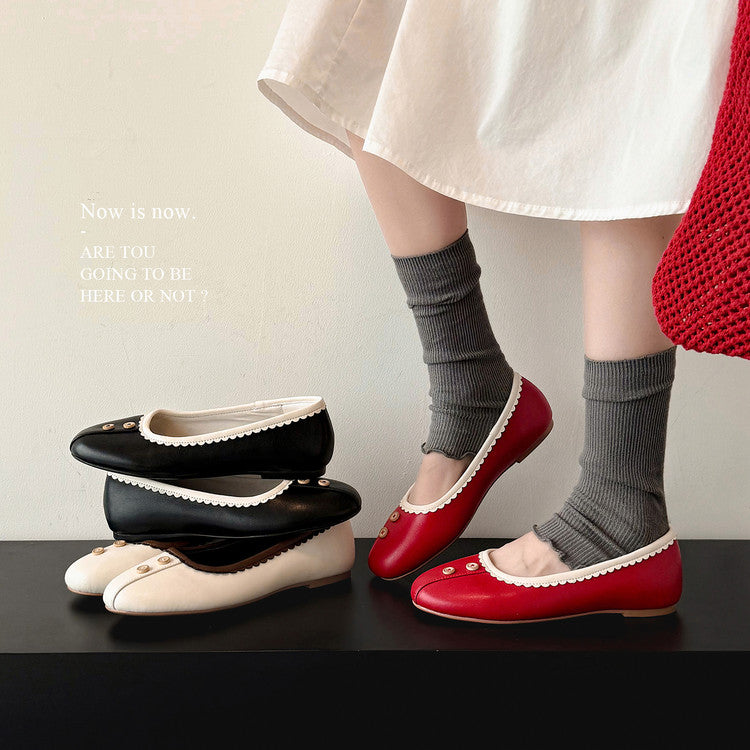 Scalloped Trim Leather Ballet Flats Y2869