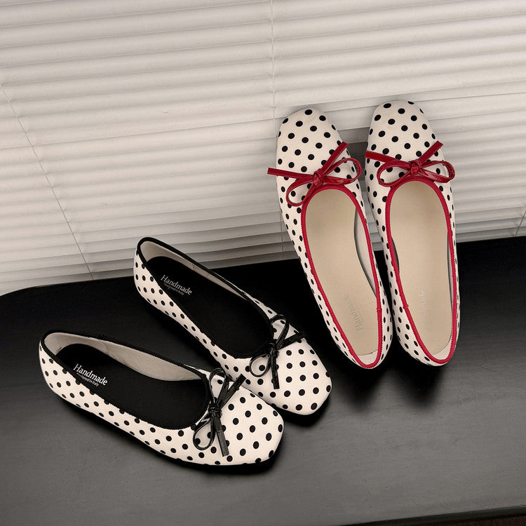 Polka Dot Satin Ballet Flats with Bow Detail Y2871