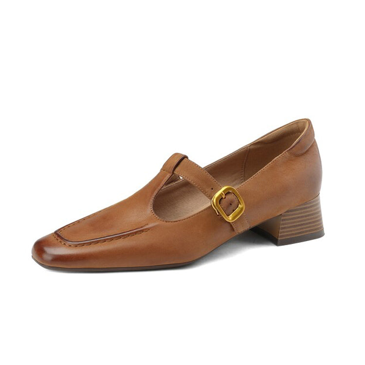 Ladies Square Toe T-strap Top-grain Sheepskin Block Low Heel Mary Janes Y2518 Mary Janes Y2518 Yellow-brown US5/EU34