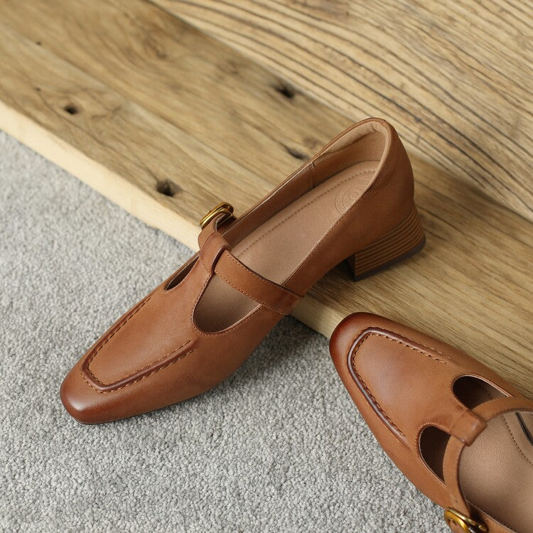 Ladies Square Toe T-strap Top-grain Sheepskin Block Low Heel Mary Janes Y2518 Mary Janes Y2518