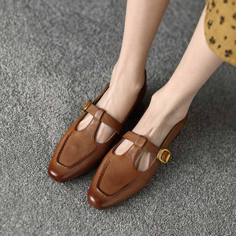 Ladies Square Toe T-strap Top-grain Sheepskin Block Low Heel Mary Janes Y2518 Mary Janes Y2518