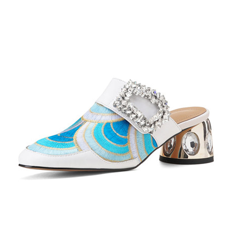 Embroidered Cowhide Buckle Block Heel Mules Y2897