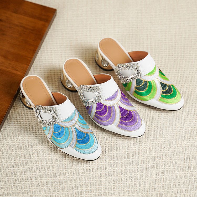 Embroidered Cowhide Buckle Block Heel Mules Y2897