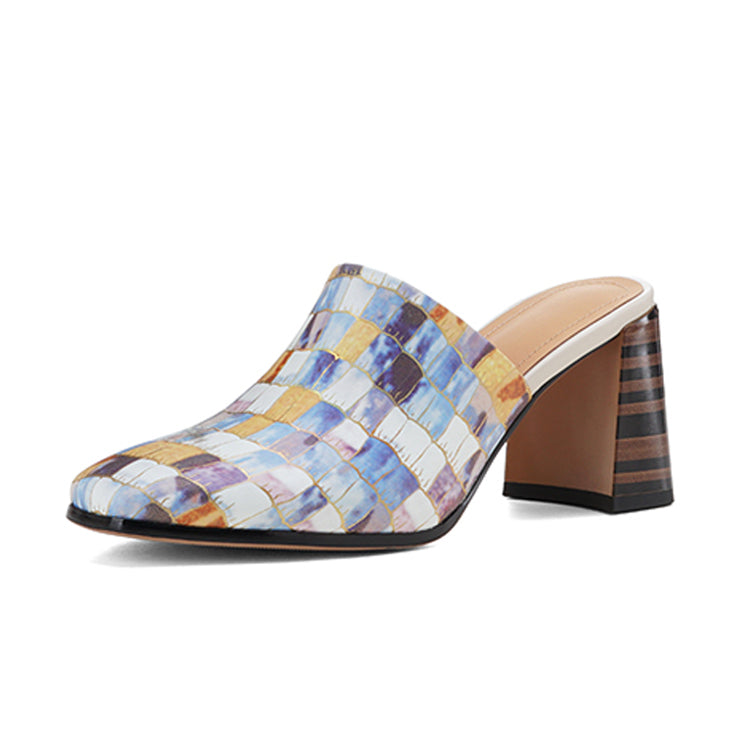 Color-Block Check Square Toe Block Heel Mules Y2895