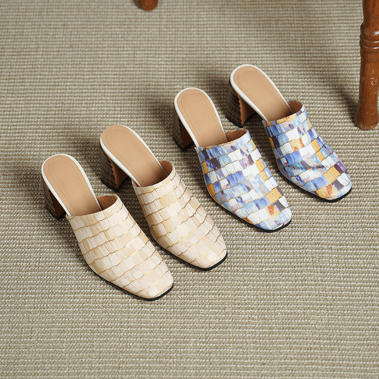 Color-Block Check Square Toe Block Heel Mules Y2895