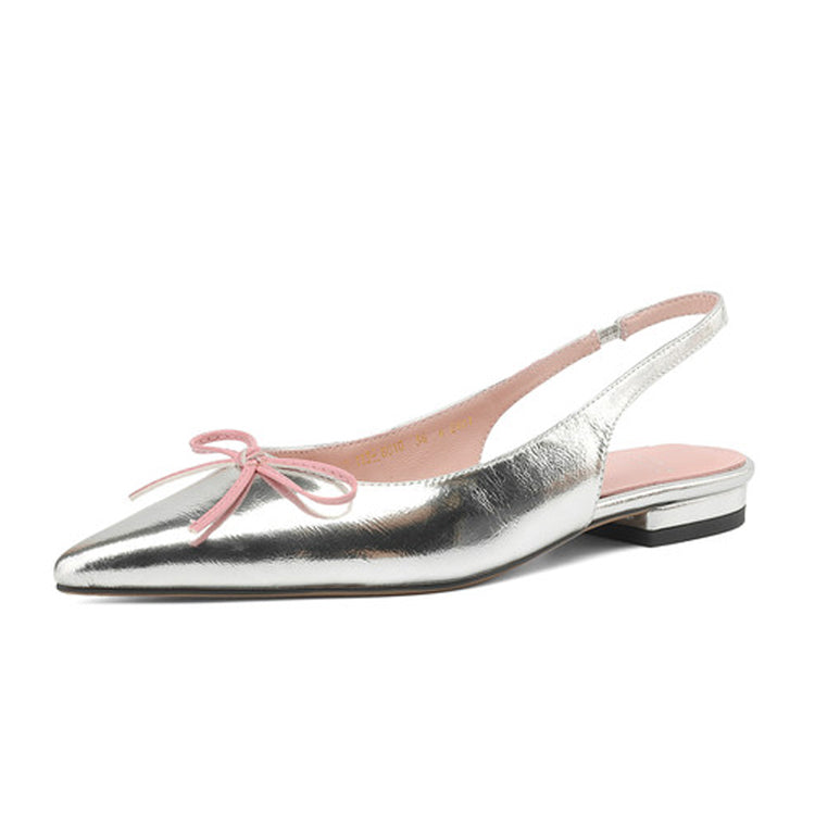 Pointed-Toe Leather Slingback Flats with Bow Detail Y2845
