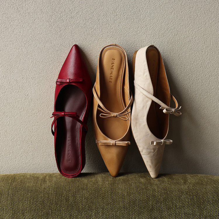 Vintage-Inspired Pointed Toe Leather Mary Jane Mules Y2839