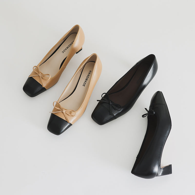 Leather Bow Detail Block Heel Pumps Y2892