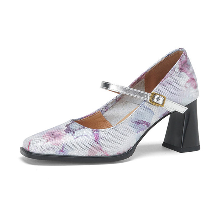 Square-Toe Chunky Heel Mary Janes with Printed Leather Y2905