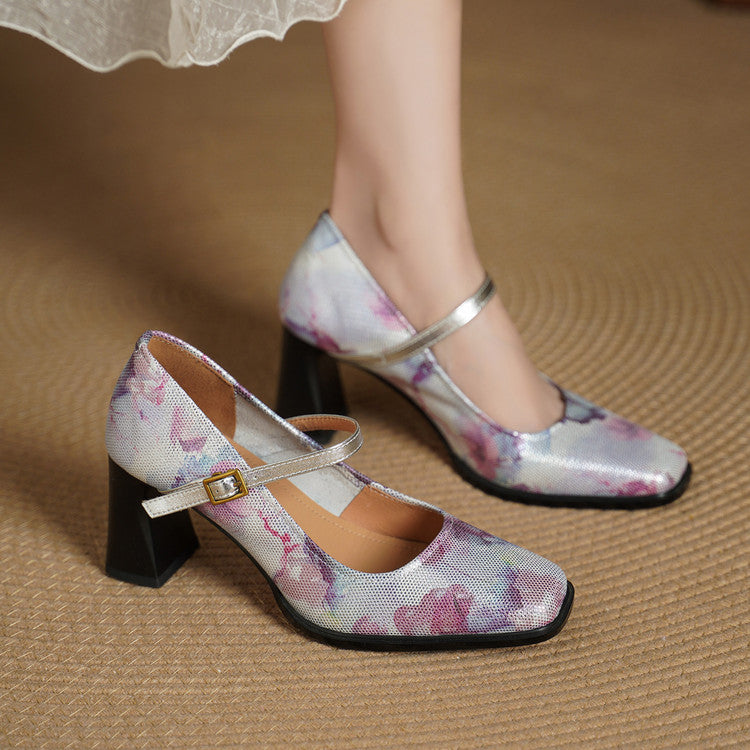 Square-Toe Chunky Heel Mary Janes with Printed Leather Y2905