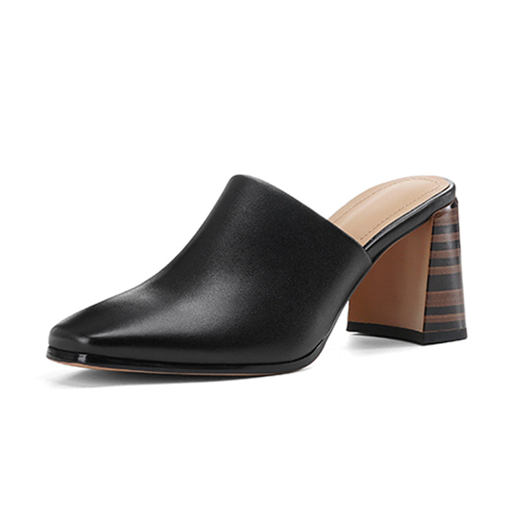 Minimalist Square Toe Leather Block Heel Mules Y2896