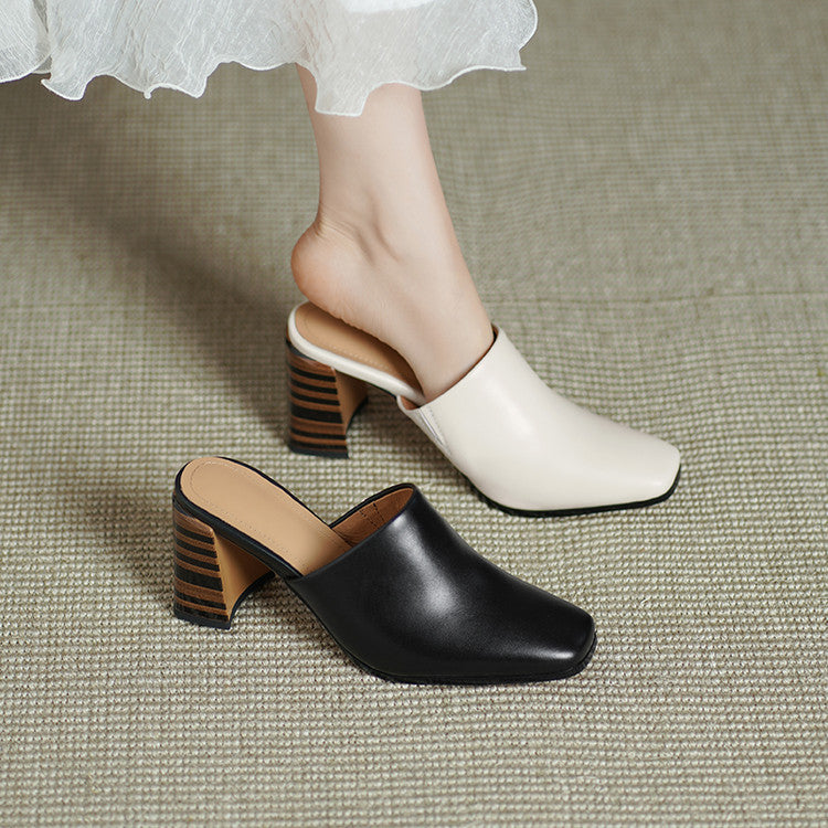 Minimalist Square Toe Leather Block Heel Mules Y2896