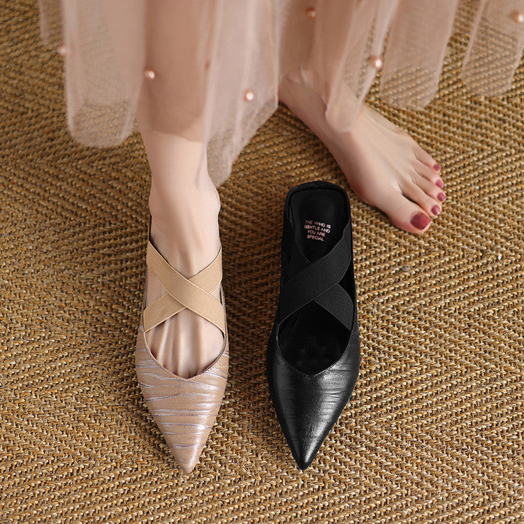 Sheepskin Cross-Strap Mule Flats Y2853