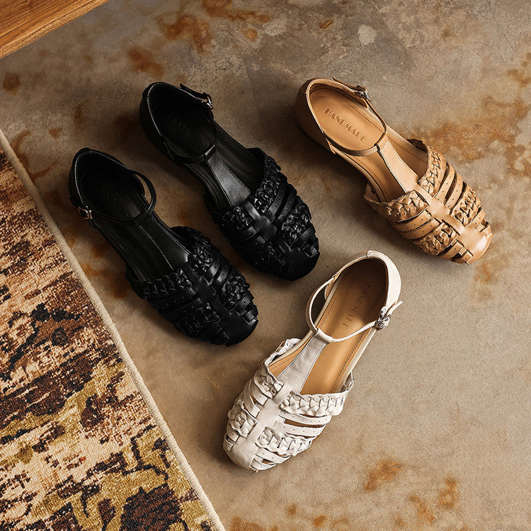 Vintage-Inspired Woven Leather Fisherman Sandals Y2833
