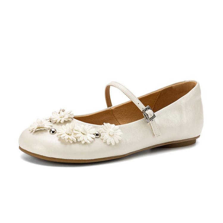 Floral Embellished Leather Mary Jane Ballet Flats Y2828