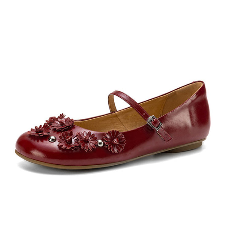 Floral Embellished Leather Mary Jane Ballet Flats Y2828