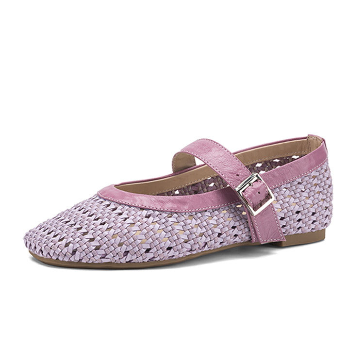 Woven Top-Grain Sheepskin Mary Jane Flats Y2851