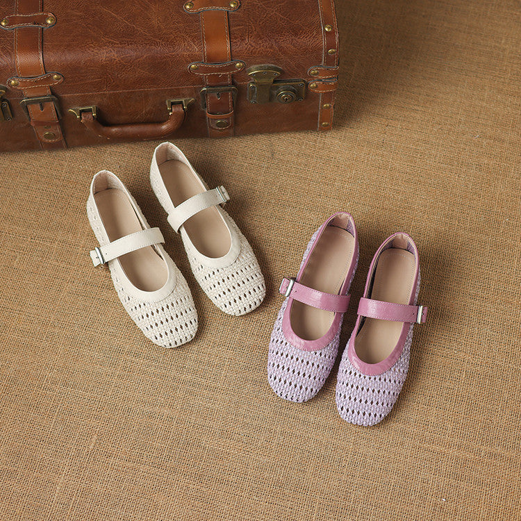 Woven Top-Grain Sheepskin Mary Jane Flats Y2851