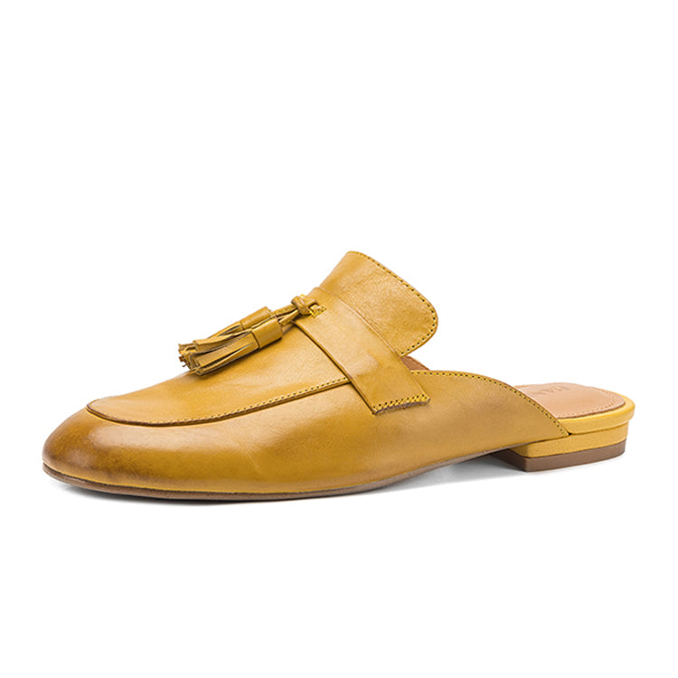 Round Toe Leather Loafers Mules with Tassel Detail Y2832