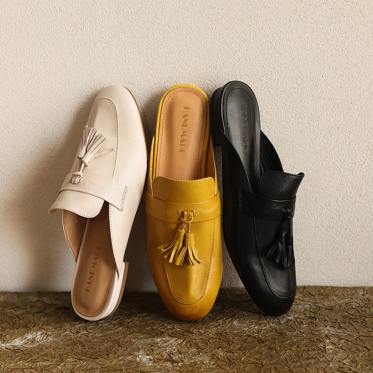 Round Toe Leather Loafers Mules with Tassel Detail Y2832