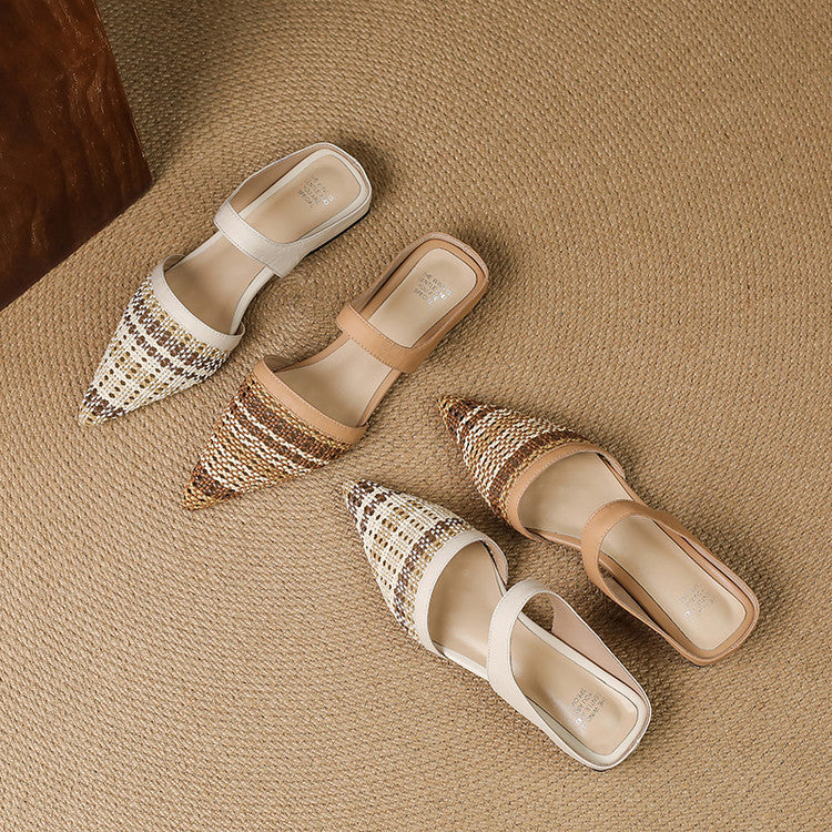 Pointed-Toe Handwoven Mule Flats in Sheepskin Y2857