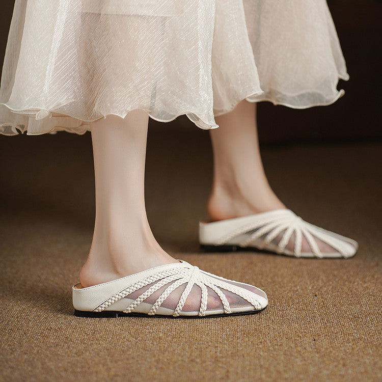 Hidden Lift Leather Mesh Mules with Woven Detail Y2815