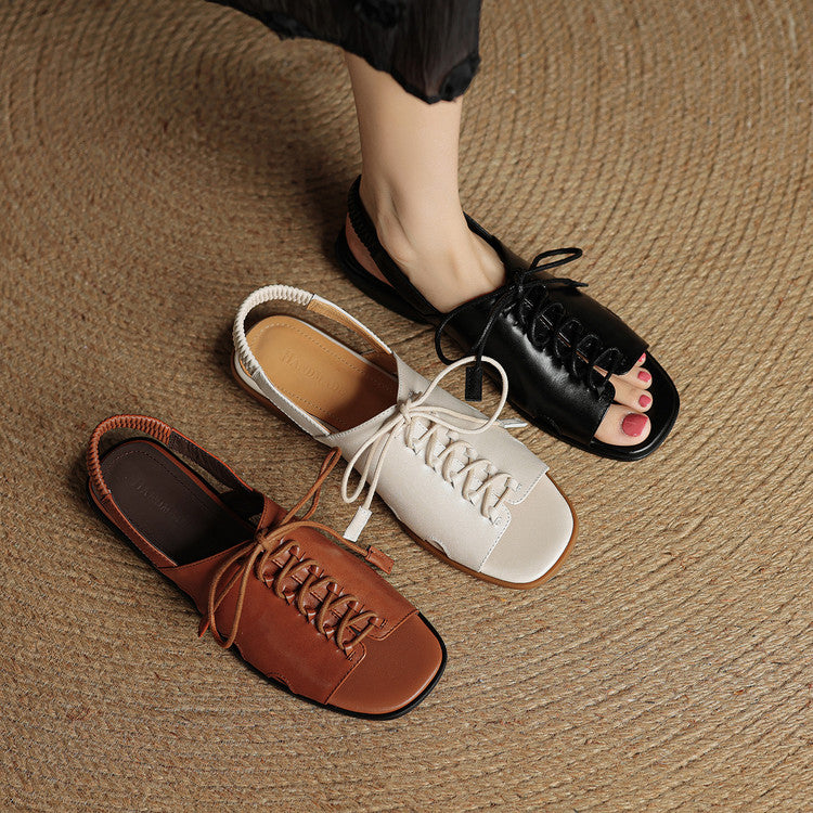 Artisan Lace-Up Leather Flat Sandals Y2806