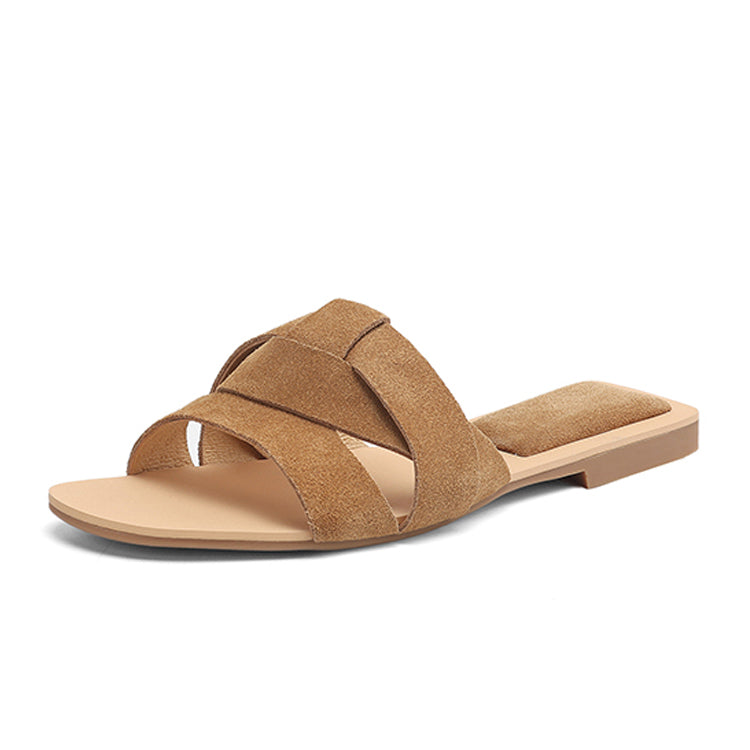 Suede Cross-Strap Flat Slide Sandals Y2804