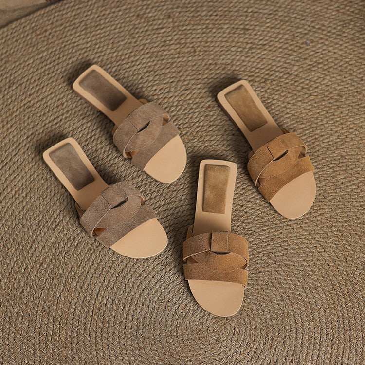 Suede Cross-Strap Flat Slide Sandals Y2804