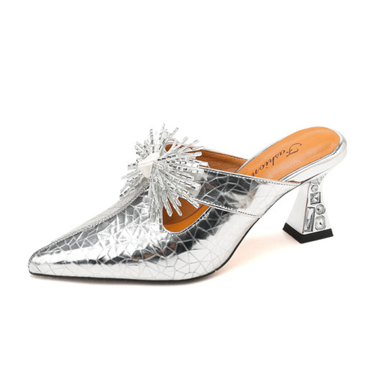 Starburst Embellished Sheepskin Mules with Sculptural Heel Y2819