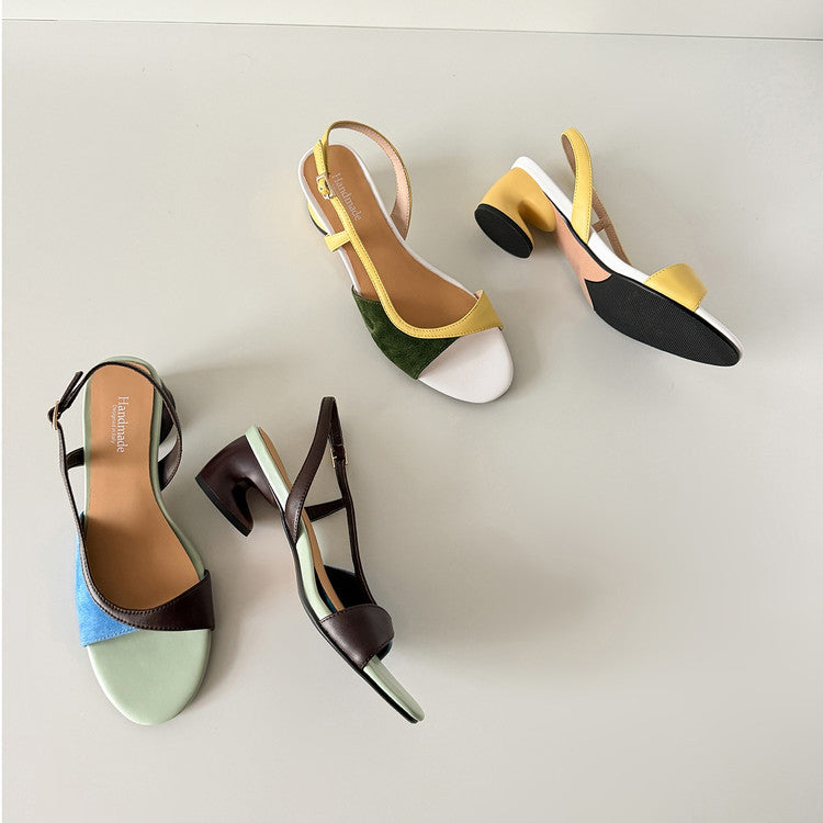 Women's Color-Block Suede Leather Sandals with Sculptural Heel Y2867