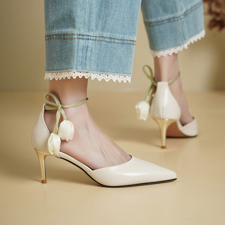 Floral Ankle Strap Pointed-Toe Stiletto Heel Pumps Y2900