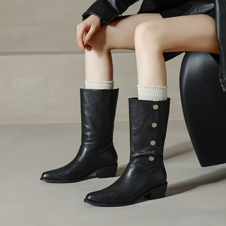 Foldable Genuine Leather Mid-Calf Boots with Snap Buttons Y2759 Boots Y2759