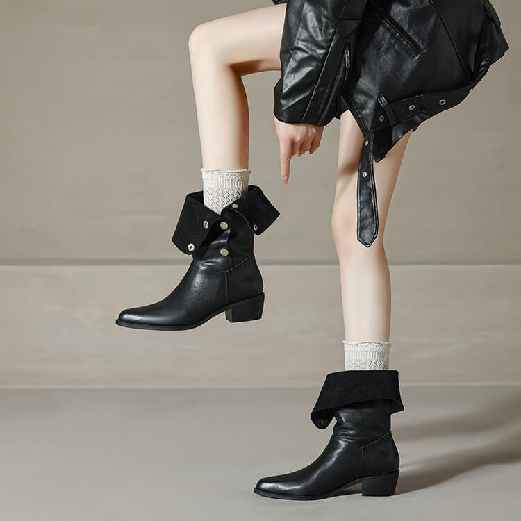 Foldable Genuine Leather Mid-Calf Boots with Snap Buttons Y2759 Boots Y2759