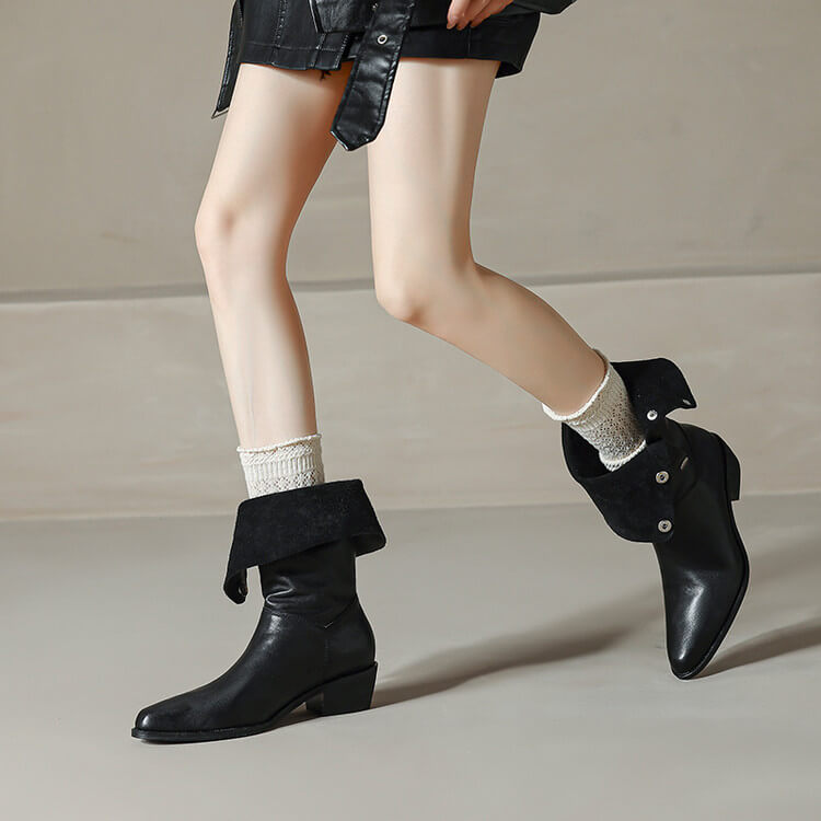 Foldable Genuine Leather Mid-Calf Boots with Snap Buttons Y2759 Boots Y2759