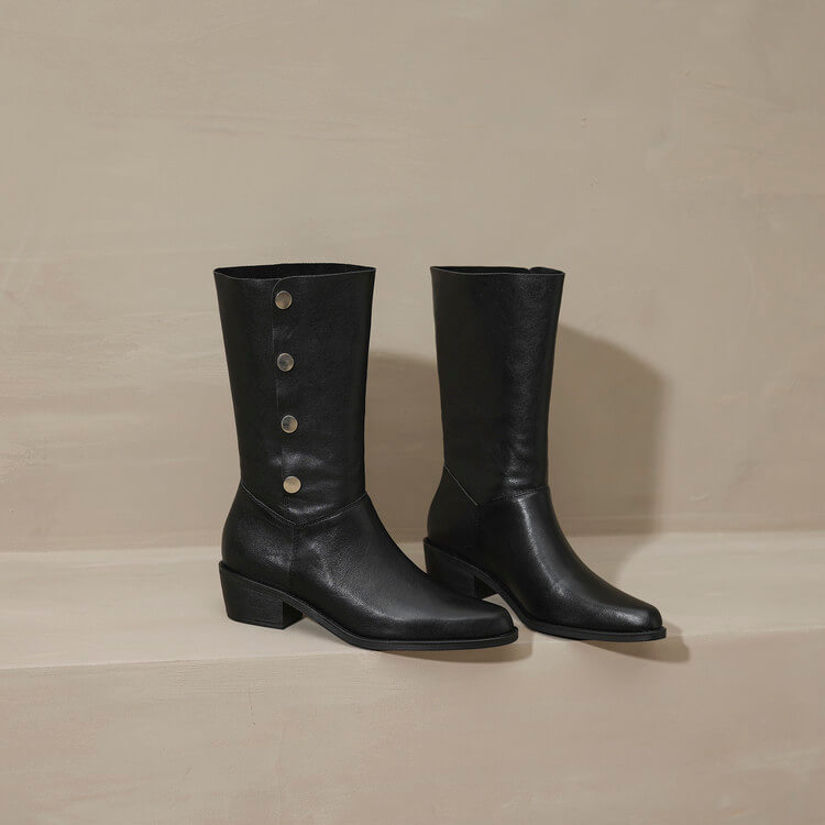 Foldable Genuine Leather Mid-Calf Boots with Snap Buttons Y2759 Boots Y2759